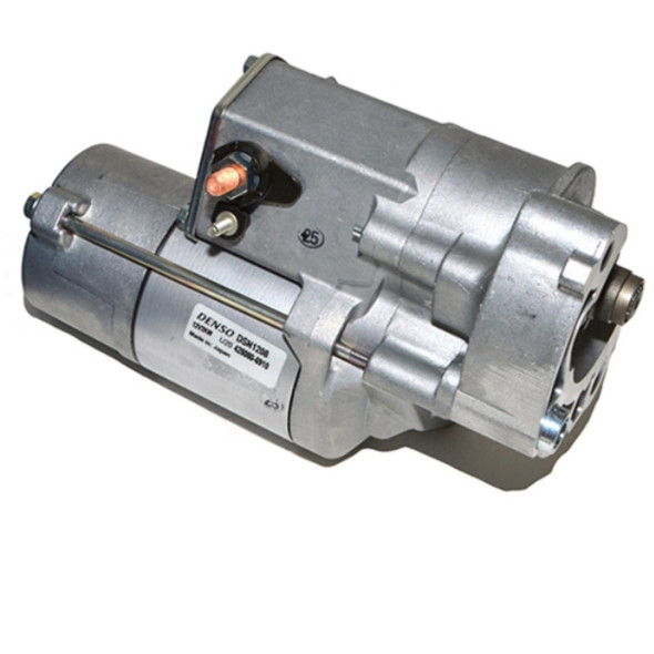 Denso Starter Motor Manual for Freelander 2 TD4, metallic starter motor with identification label and connection points.