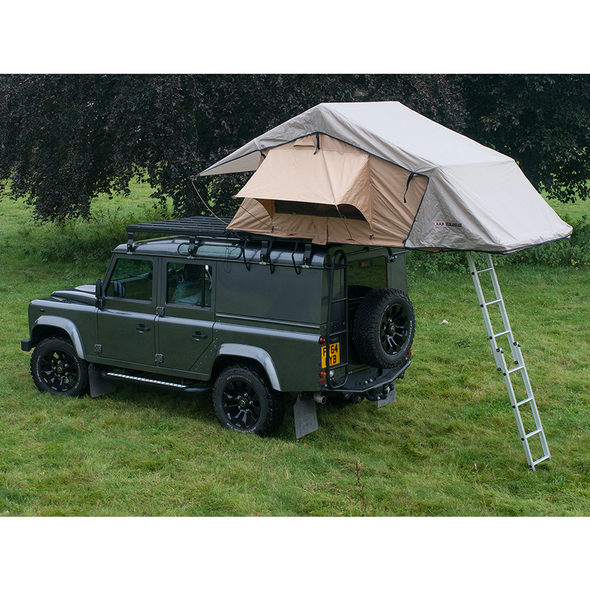 ARB 4X4 Accessories Simpson Roof Tent & Annex ARB, beige camping roof tent with annex room, mesh windows, and waterproof fabric for outdoor use. ARB 4X4 Accessories Simpson Roof Tent & Annex ARB, beige camping roof tent with annex room, mesh windows, and waterproof fabric for outdoor use.