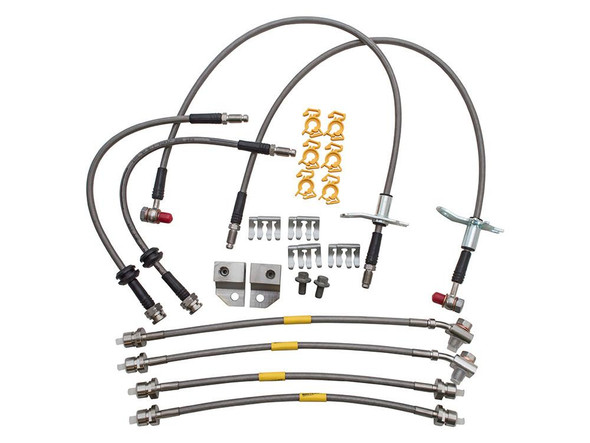Britpart DA7561 Stainless Steel Braided Brake Hose Kit for Discovery 3/4 and Range Rover Sport 2005-2013, including braided hoses, fittings, brackets, clips, and essential hardware for brake system upgrade.
