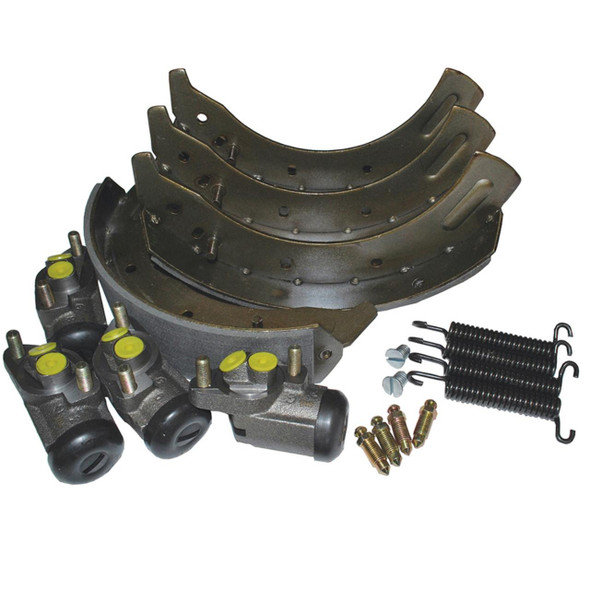 Britpart Comprehensive Front Brake Kit for Series 2A & 3 LWB 4 Cylinder, with brake shoes, wheel cylinders, springs, and hardware for vehicle maintenance.