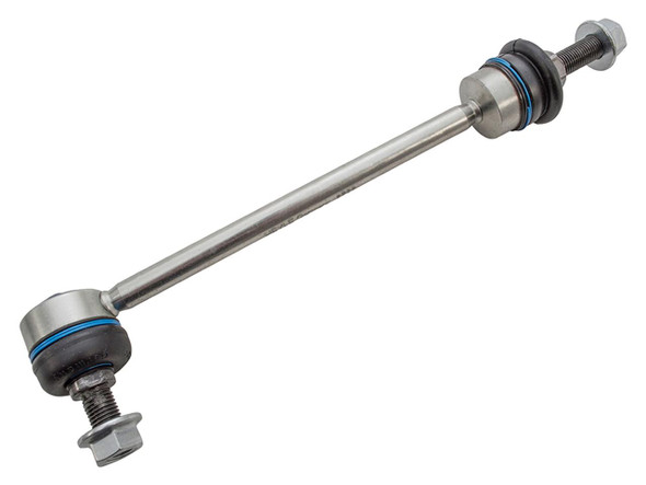 Meyle Front Anti Roll Bar Stabiliser Link Heavy-Duty Meyle for Discovery 2, a silver metal stabiliser link with black rubber bushings and blue rings, designed for vehicle suspension stability.