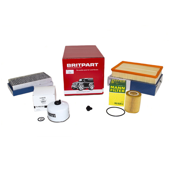 OEM Parts OEM Premium Engine Service Filter Kit for Discovery 4 3.0 V6 Diesel, image of various engine filters and parts with packaging.