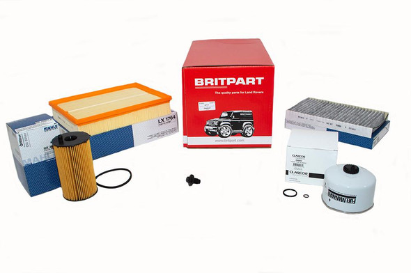 OEM Parts OEM Premium Engine Service Filter Kit for Discovery 3 2.7 V6 diesel 2007-2009, showing various engine filters, oil filter, air filters, and packaging boxes.