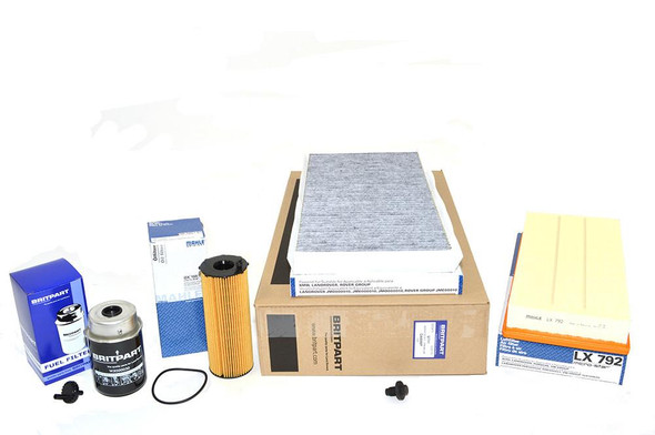 OEM Parts OEM Premium Engine Service Filter Kit for Range Rover L322 3.6 V8 diesel 2006-2012, image showing various filters including air and oil filters arranged on a white background.