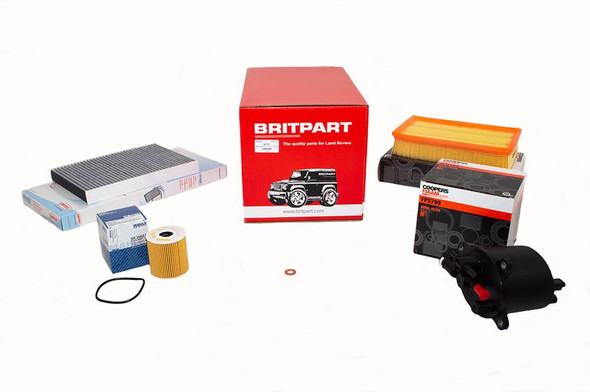 OEM Parts OEM Premium Engine Service Filter Kit for Freelander 2.2 Diesel, image showing a set of car filters including air and oil filters, packaged in boxes and containers.
