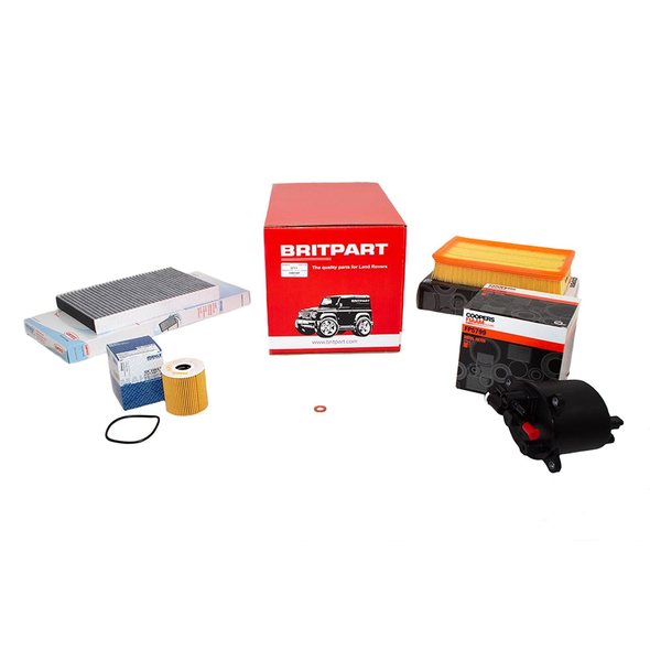 OEM Parts OEM Premium Engine Service Filter Kit for Freelander 2.2 Diesel, image showing a set of car filters including air and oil filters, packaged in boxes and containers. OEM Parts OEM Premium Engine Service Filter Kit for Freelander 2.2 Diesel, image showing a set of car filters including air and oil filters, packaged in boxes and containers.