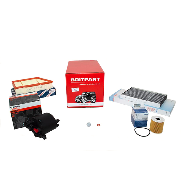 OEM Parts OEM Premium Engine Service Filter Kit for Discovery Sport 2.2 diesel 2015-2016, image showing various engine filters and parts in packaging.