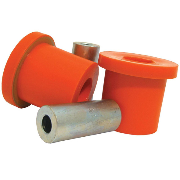 Polybush Front Lower Wishbone Rear POLYBUSH Kit for Range Rover Sport, orange rubber bushings and metal pins.