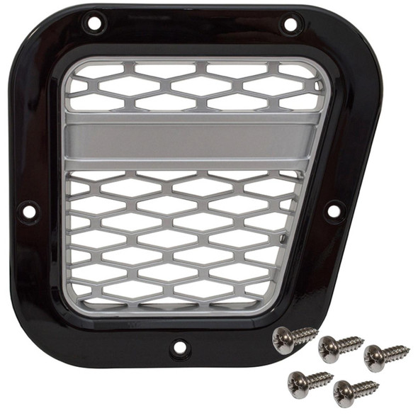 Britpart XS Side Air Intake Grille Gloss Black With Silver Mesh Right Hand for Defender, automotive side air intake grille in black with silver mesh design, includes four mounting screws.