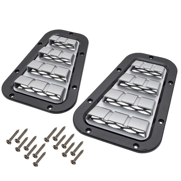 Britpart XS Wing Top Air Intake Grilles Gloss Black With Silver Mesh for Defender, pair of black and silver air intake grilles with six screws included.