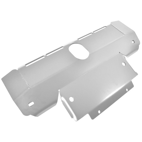 Britpart Sump Guard for Discovery 3, metallic silver automotive underbody protective cover with mounting holes and cutouts.