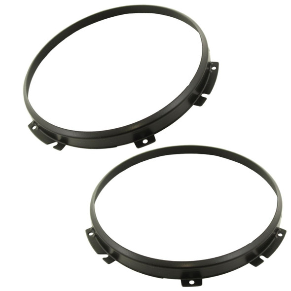 Direct Replacement Headlamp Headlight Bezel Black x2 for Defender, black circular bezels for headlamp replacement on Land Rover Defender.