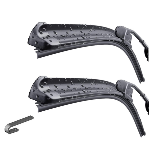 Bosch AeroTwin flat windscreen wiper blades pair with water beading showing hydrophobic performance