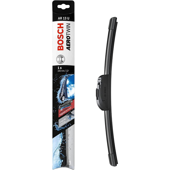 Bosch AeroTwin AR13U wiper blade in retail packaging with 13 inch size and hook fitting