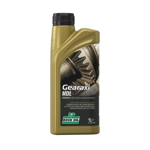 ROCK OIL Locking Rear Differential Oil ROCK MDL for Range Rover Sport, 1 litre bottle of synthetic multi-disc locking differential oil with product label showing gear mechanism illustration.