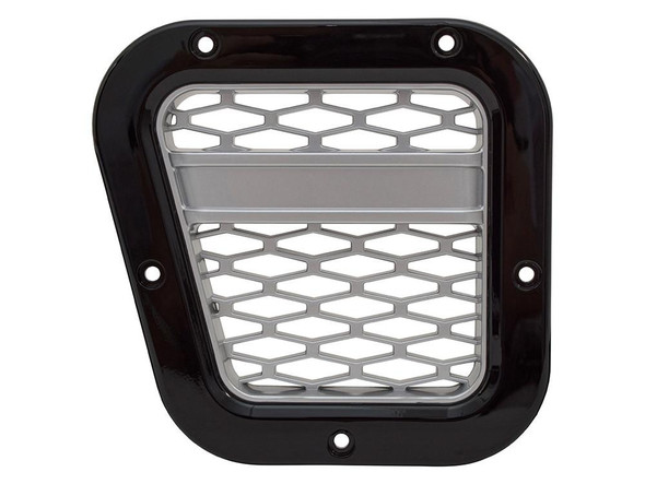 Britpart XS Side Air Intake Grille Gloss Black With Silver Mesh Left Hand for Defender, auto part with black glossy frame and silver honeycomb mesh design.