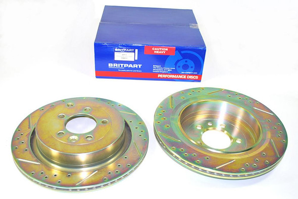 Britpart Rear Brake Discs Drilled and Grooved Performance Upgrade for Discovery 4, pair of drilled and grooved rear brake discs for off-road and high-performance driving.