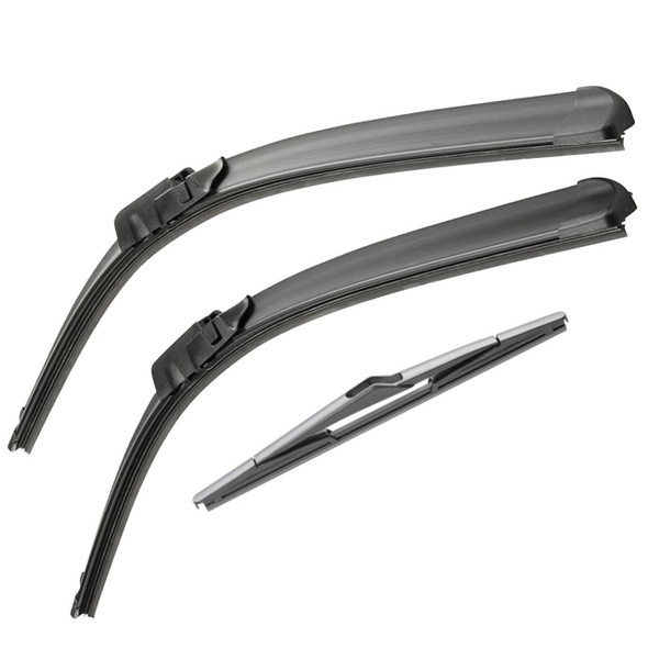 BOSCH Aerotwin Wiper Blade Set With Rear Wiper for Discovery 4, black wiper blades with mounting hardware for front and rear windshield.