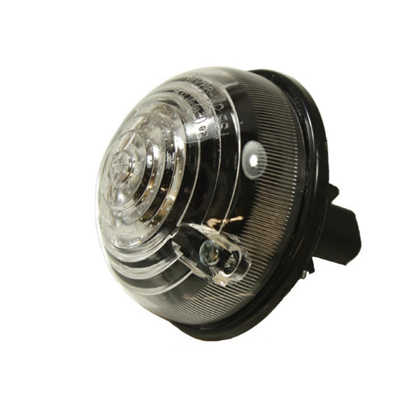 Direct Replacement Defender Front Side Light Marker Lamp, clear and black automotive lighting component with a circular lens.