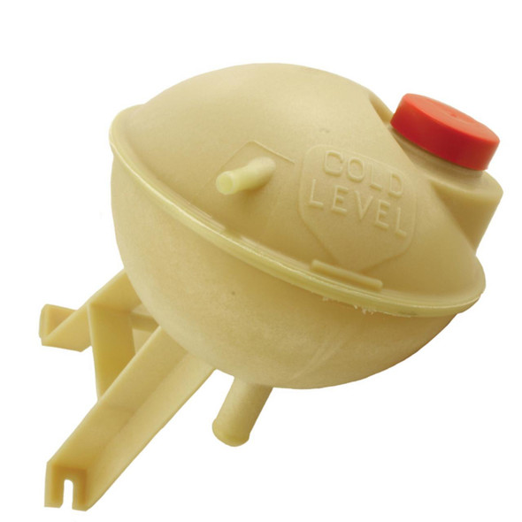 Genuine Land Rover Coolant Bottle or Reservoir for Defender, close-up of the beige plastic coolant reservoir with red cap and embossed 'COLD LEVEL' markings. Genuine Land Rover Coolant Bottle or Reservoir for Defender, close-up of the beige plastic coolant reservoir with red cap and embossed 'COLD LEVEL' markings.