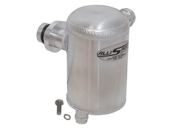 ALLISPORT Aluminium Oil Breather Catch Tank for Defender & Discovery TDi, image of a shiny aluminum oil breather catch tank with inlet and outlet ports.