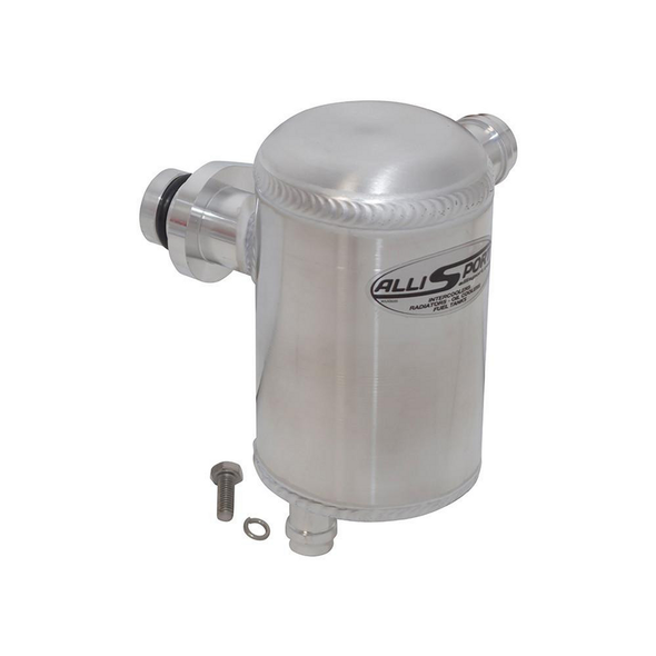 ALLISPORT Aluminium Oil Breather Catch Tank for Defender & Discovery TDi, image of a shiny aluminium oil breather catch tank with inlet and outlet ports.