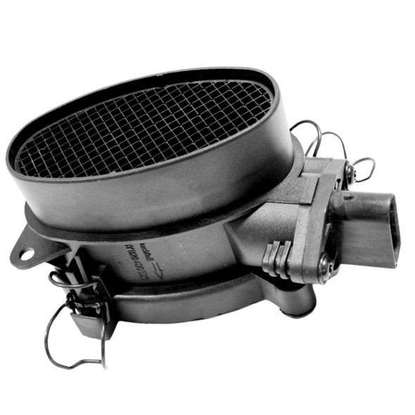 Sensors Air Mass Flow Sensor for Freelander 1 Td4, black and silver automotive airflow sensor with grid inside and electrical connector.