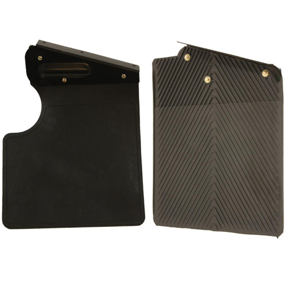 Direct Replacement Mud Flaps Rear for Defender 90 Td5 PUMA, black rubber mud flaps with mounting hardware for rear wheel protection.