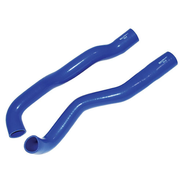 Britpart Silicone Turbo Intercooler Hose Kit for Defender 2.4 TDCi Puma, blue silicone hoses with ribbed texture for turbocharged diesel engine cooling system.