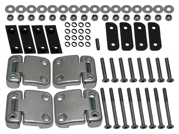 Britpart 2nd Row Door Hinge Kit - DA1275SS for Defender 110, image showing assembled hinges, bolts, washers, and brackets for vehicle door repair.