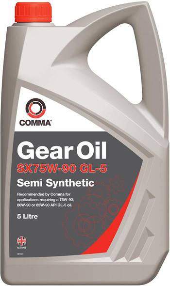 Product Comma  75W90 Semi Synthetic Gearbox Axle Differential Gear Oil 5L, white and grey plastic container with red cap and gear illustrations on label.