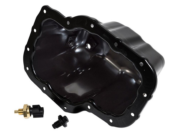 Direct Replacement Range Rover Sport 2.7 TDV6 Engine Oil Pan Sump, black engine oil pan with mounting holes and accompanying drain plug and bolt for vehicle repair.