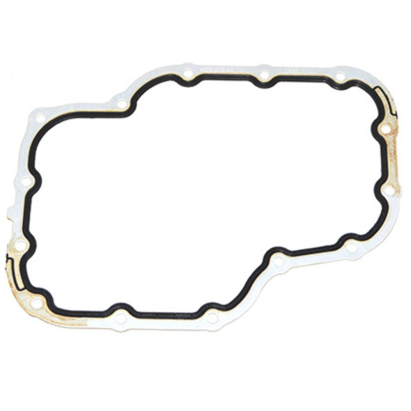 Direct Replacement Range Rover Sport 2.7 TDV6 Engine Oil Sump Gasket, a car engine oil sump gasket with a black sealing edge and metallic outer surface, designed for engine oil containment and leak prevention.