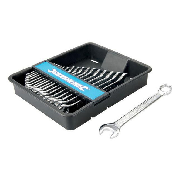 Silverline Tools Metric Spanner Set Chrome Vanadium Cold Stamped, 18 Piece with a black storage case and a single open-end wrench placed outside the case.