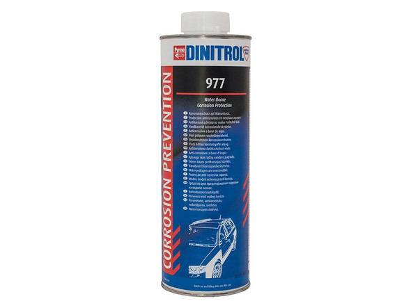 Dinitrol  977 Rust Proofing Cavity Seal Underseal 1 Litre Shutz Can, a blue and red can with protective and anti-corrosion features for vehicle underbody protection.