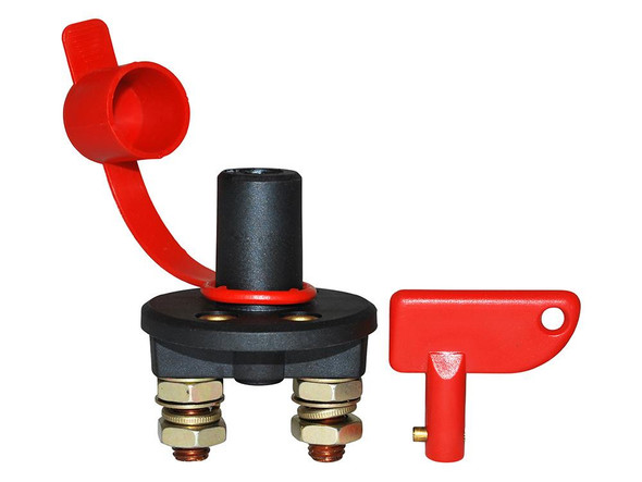 Britpart Universal 12v Battery Isolator Switch, vehicle battery disconnect switch with red safety cover and remote switch handle.