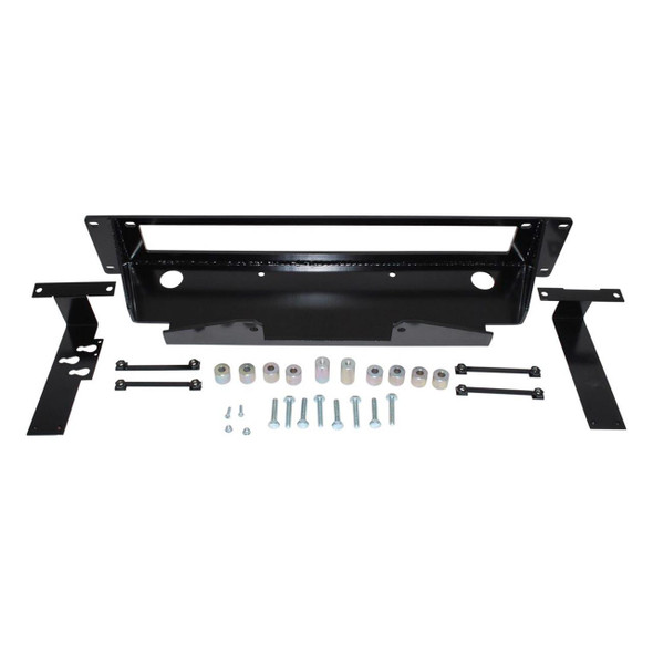 Britpart Discrete Recovery Winch Mount for Discovery 3 & 4, black metal off-road vehicle winch mount with mounting hardware and brackets.