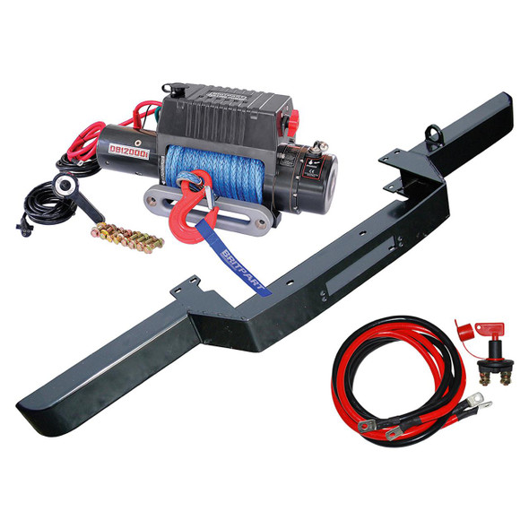 Britpart Winch Bumper and DB12000I Winch for Defender With Air Con - DB1344R, featuring a heavy-duty black metal bumper, a powerful electric winch with blue synthetic rope, and recovery accessories for off-road vehicle use.