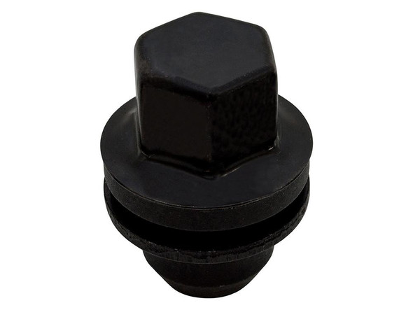 OEM Parts Satin Black Alloy Wheel Nut for Discovery 3, close-up of a black wheel nut with a hexagonal head designed for vehicle wheel installation.