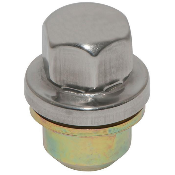 Direct Replacement Alloy Wheel Nut Stainless Steel Capped for Discovery 1 & Defender, close-up view of a chrome-finished wheel nut for vehicle wheels.
