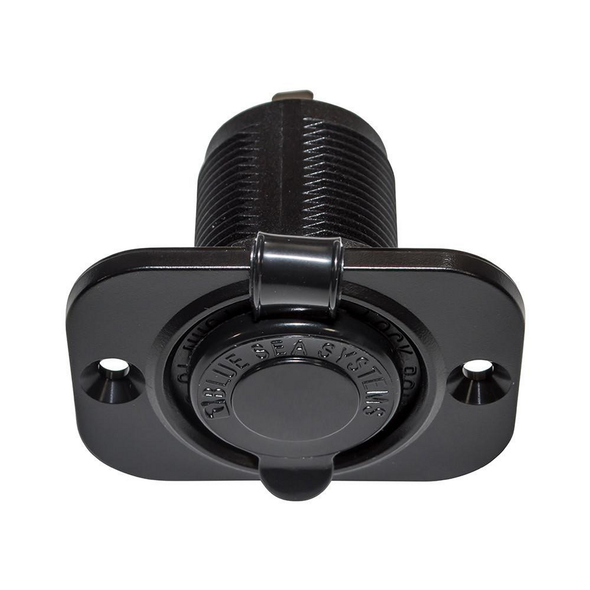 Blue Sea Systems Universal 12-Volt Car Dashboard 12V DC Power Outlet Charging Socket, black car accessory with a round socket and mounting plate.