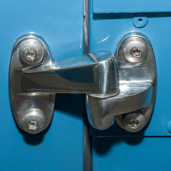 Britpart Rear Door Hinge Kit for Defender & Series 2/3, close-up view of stainless steel rear door hinge attached to a blue vehicle door.
