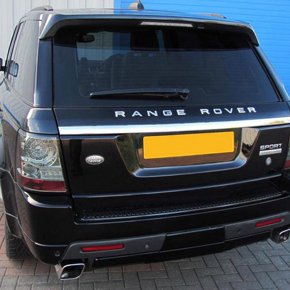 Britpart Chrome Tailgate Upgrade Kit for Range Rover Sport L320, showcasing a close-up of the black Range Rover Sport rear with chrome tailgate upgrade installed, including chrome accents on the tailgate.