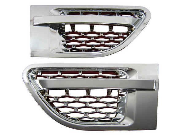 Britpart Autobiography Style Air Intake Grille Chrome for Range Rover Sport L320, chrome air intake grille with honeycomb design for vehicle enhancement. Britpart Autobiography Style Air Intake Grille Chrome for Range Rover Sport L320, chrome air intake grille with honeycomb design for vehicle enhancement.