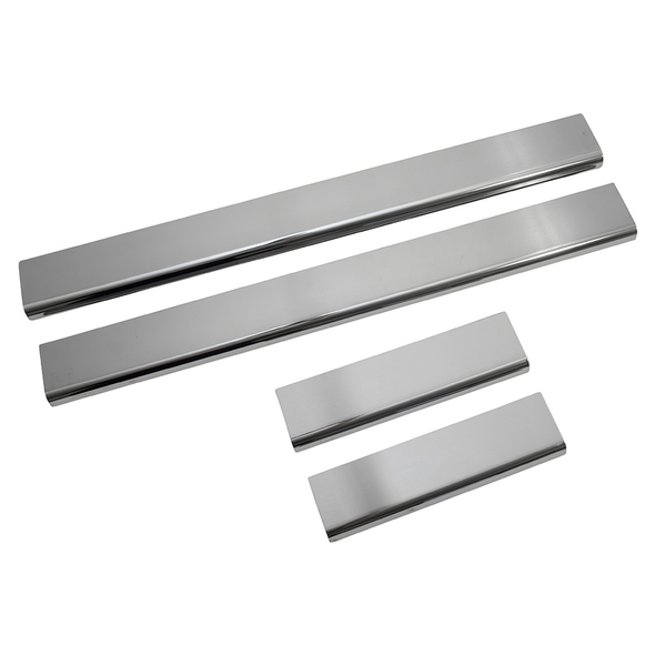 Britpart Stainless Steel Side Sill Treadplate Kit for Range Rover L322, close-up view of the durable stainless steel side sill treadplates laid out.