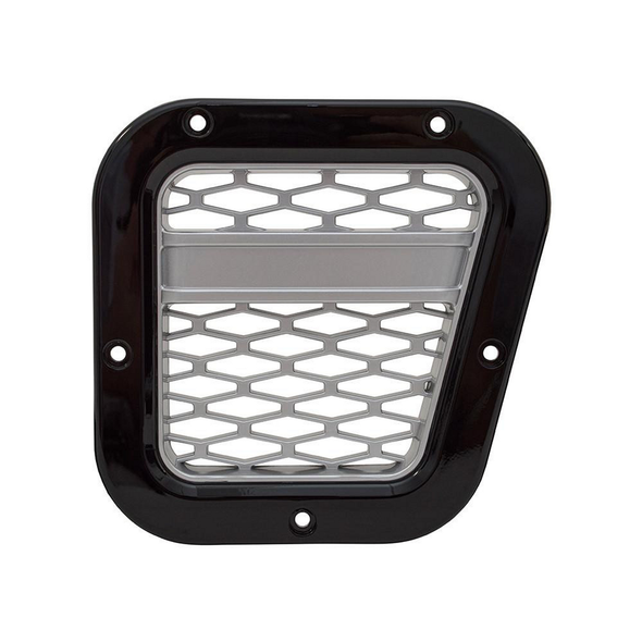 Britpart XS Air Intake Grille Black With Silver Mesh Right Hand for Defender, vehicle air intake grille with black border and silver mesh insert.
