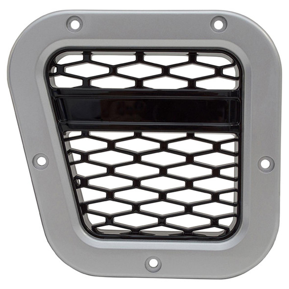 Britpart Left Hand Side XS Air Intake Grille for Defender, front view of the vehicle's air intake grille with a black honeycomb design and silver frame.