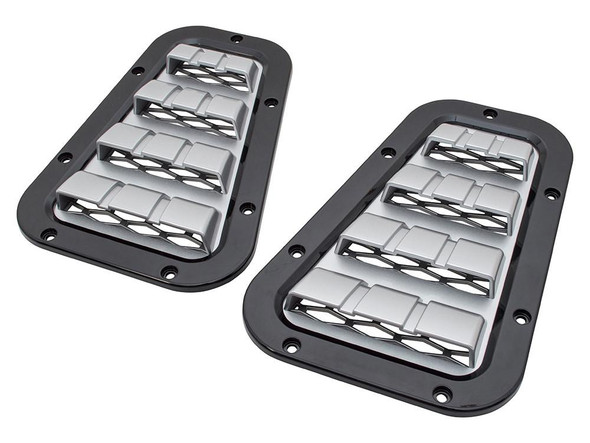 Britpart XS Bonnet Vents Black With Silver Mesh for Defender, black and silver mesh bonnet vents for Defender vehicle.