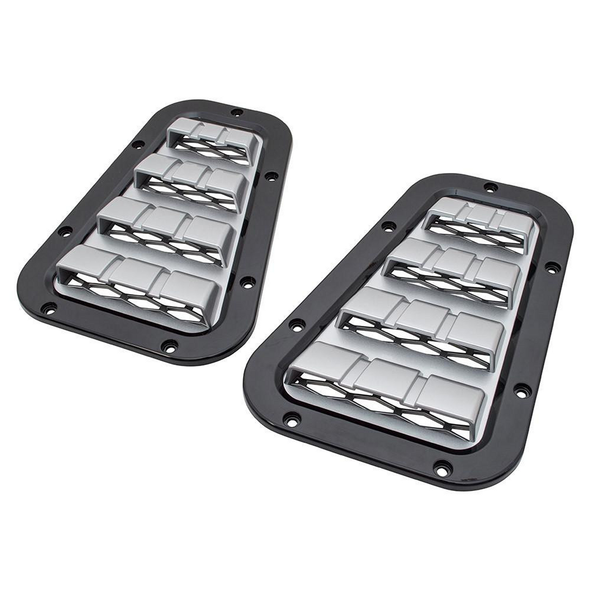 Britpart XS Bonnet Vents Black With Silver Mesh for Defender, black and silver mesh bonnet vents for Defender vehicle.