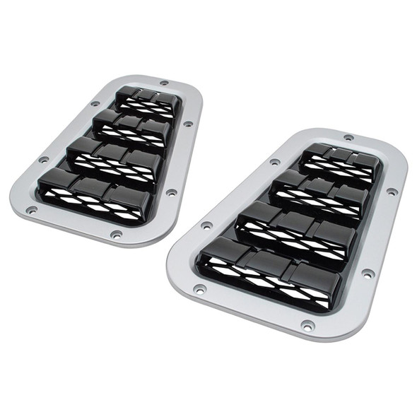 Britpart XS Bonnet Vent for Defender, black multi-louvered vents with silver frame, set of two for vehicle ventilation.